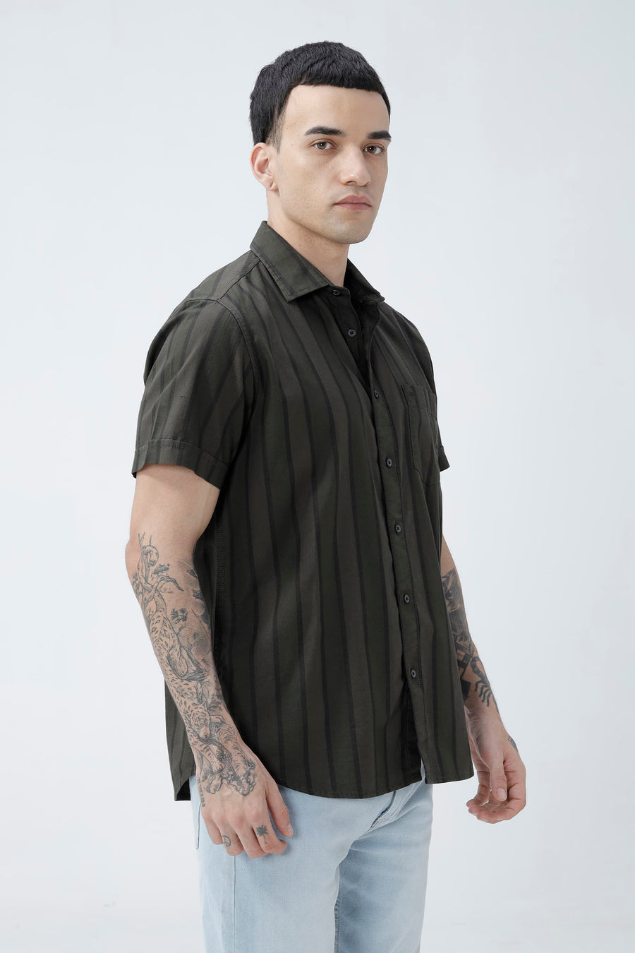 BASICS SLIM FIT OLIVE GREEN COTTON HERRING BONE STRIPE HALFSLEEVES SHIRT