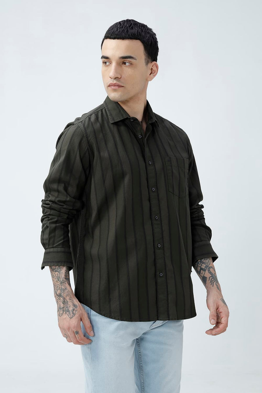 BASICS SLIM FIT OLIVE GREEN COTTON HERRING BONE STRIPE SHIRT