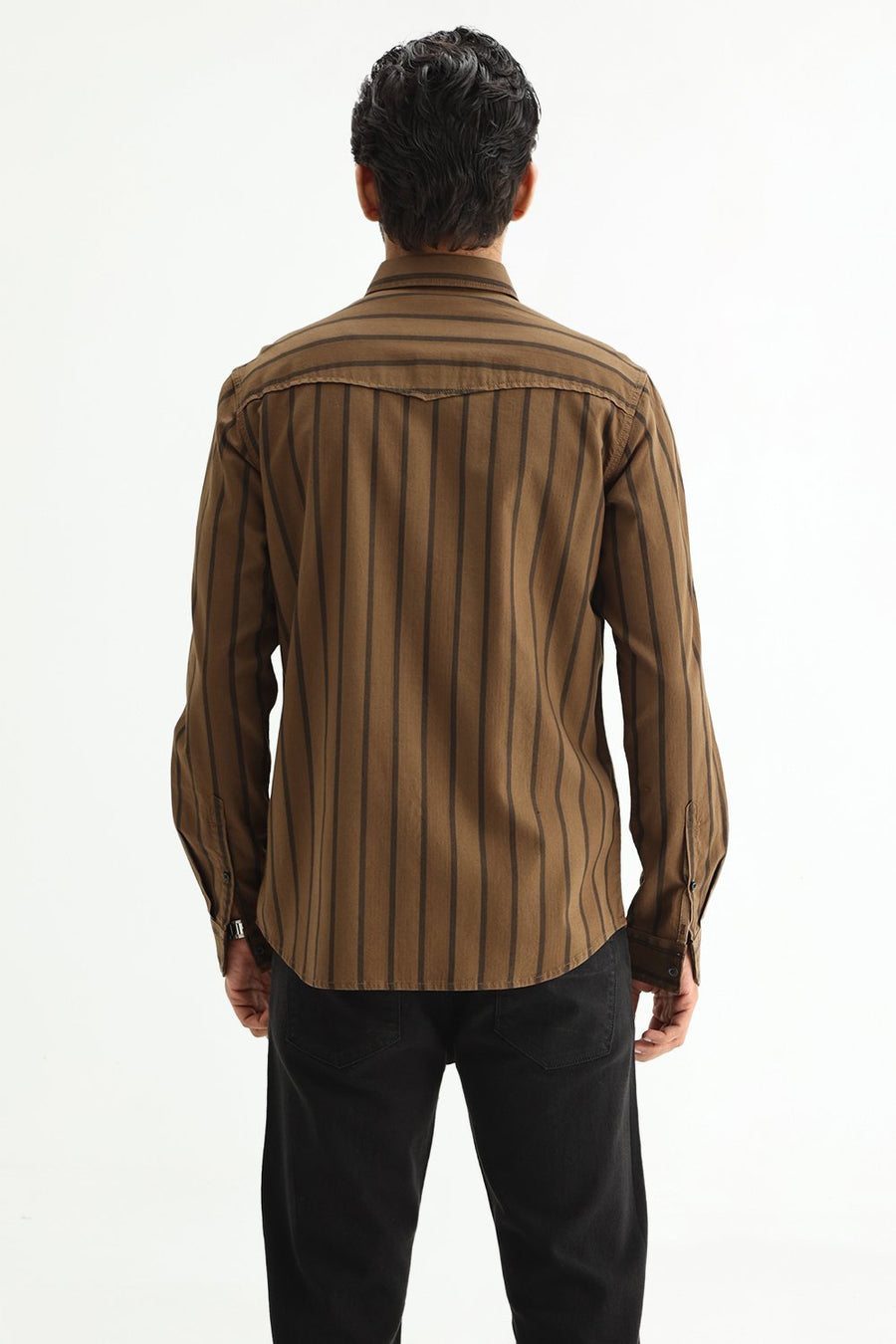 BASICS SLIM FIT EARTH BROWN COTTON HERRING BONE STRIPE SHIRT