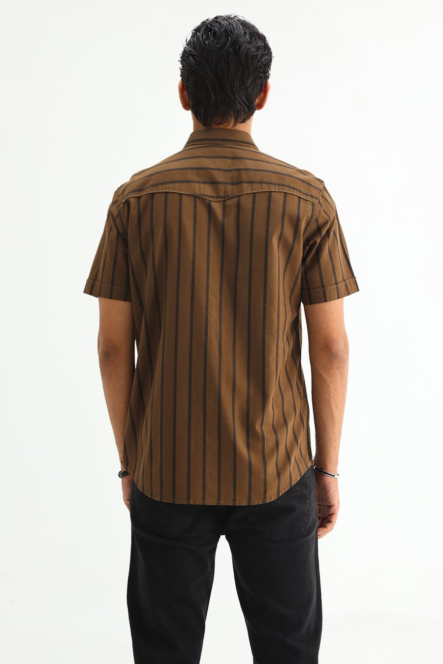 BASICS SLIM FIT EARTH BROWN COTTON HERRING BONE STRIPE HALFSLEEVES SHIRT