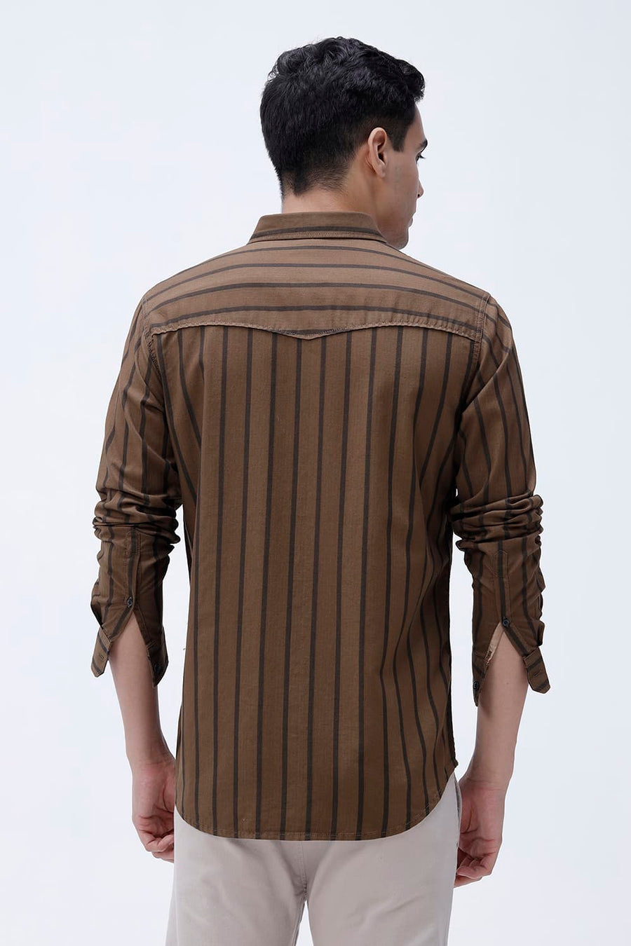 BASICS SLIM FIT EARTH BROWN COTTON HERRING BONE STRIPE SHIRT
