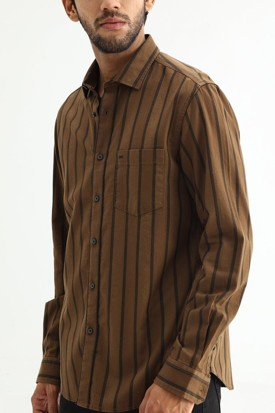 BASICS SLIM FIT EARTH BROWN COTTON HERRING BONE STRIPE SHIRT