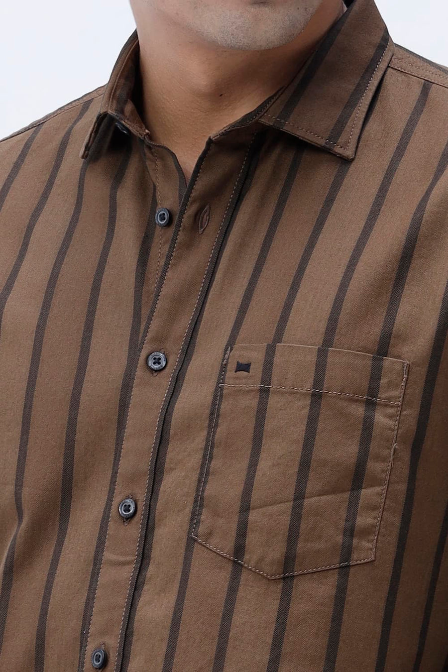BASICS SLIM FIT EARTH BROWN COTTON HERRING BONE STRIPE SHIRT