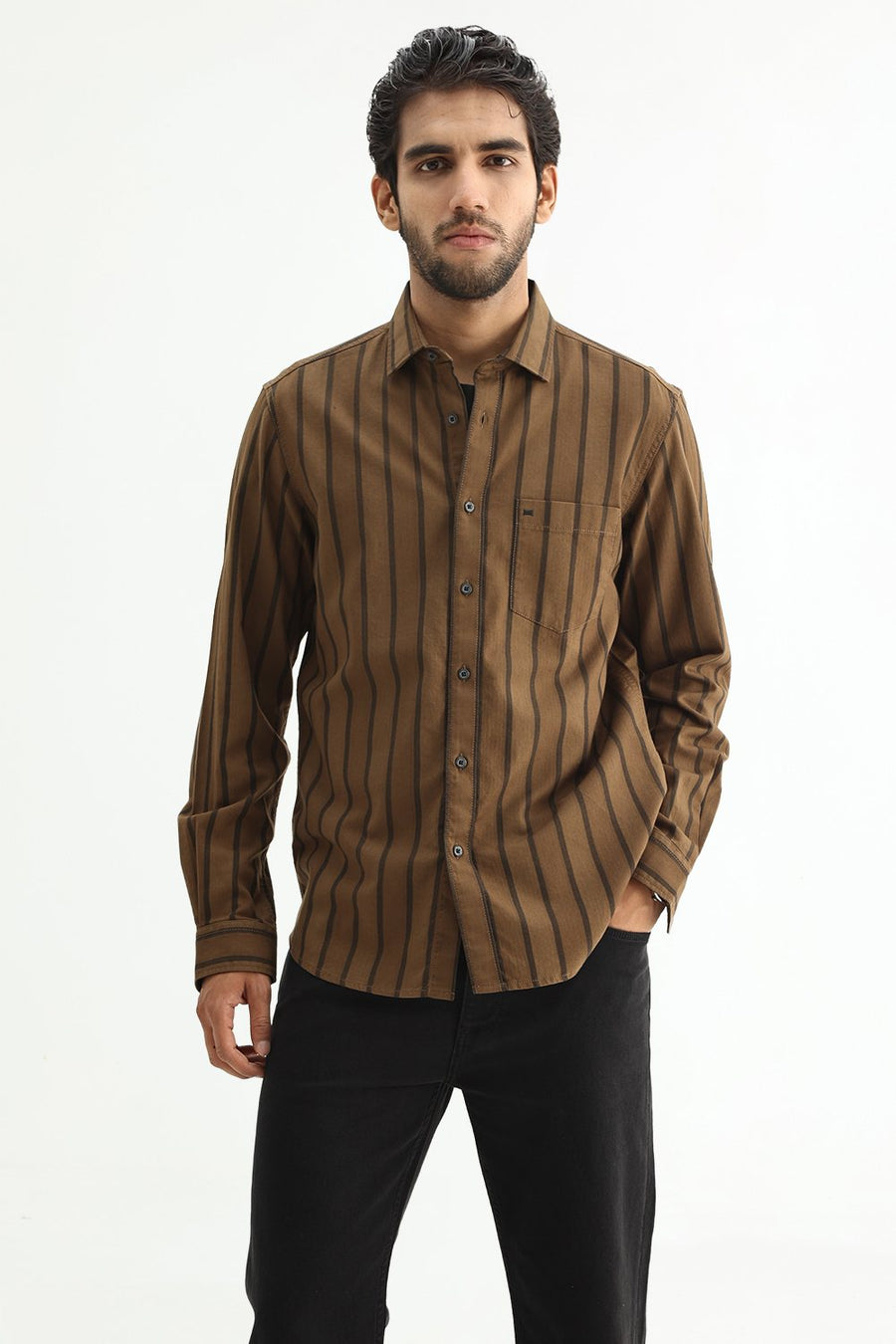 BASICS SLIM FIT EARTH BROWN COTTON HERRING BONE STRIPE SHIRT