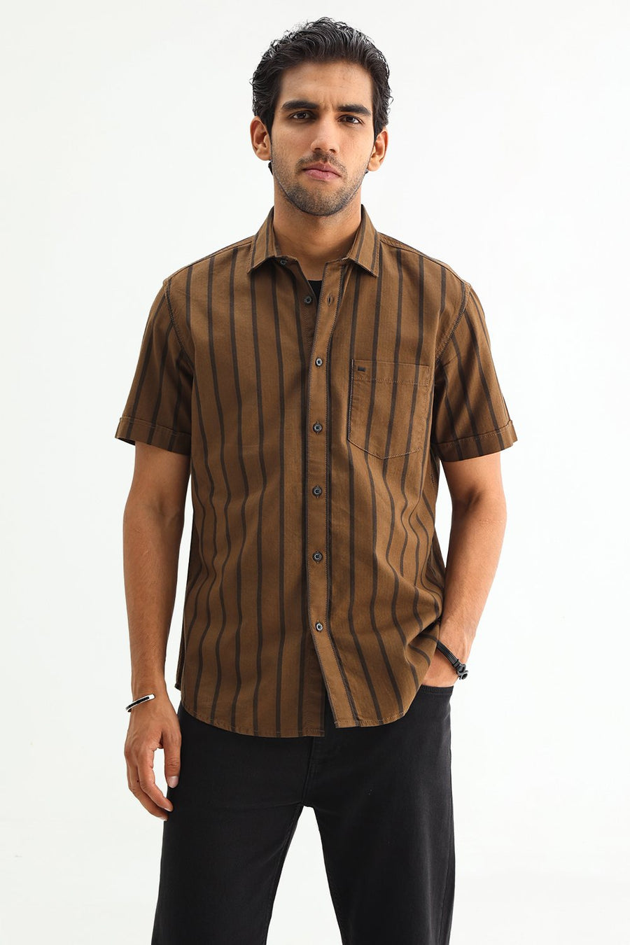 BASICS SLIM FIT EARTH BROWN COTTON HERRING BONE STRIPE HALFSLEEVES SHIRT