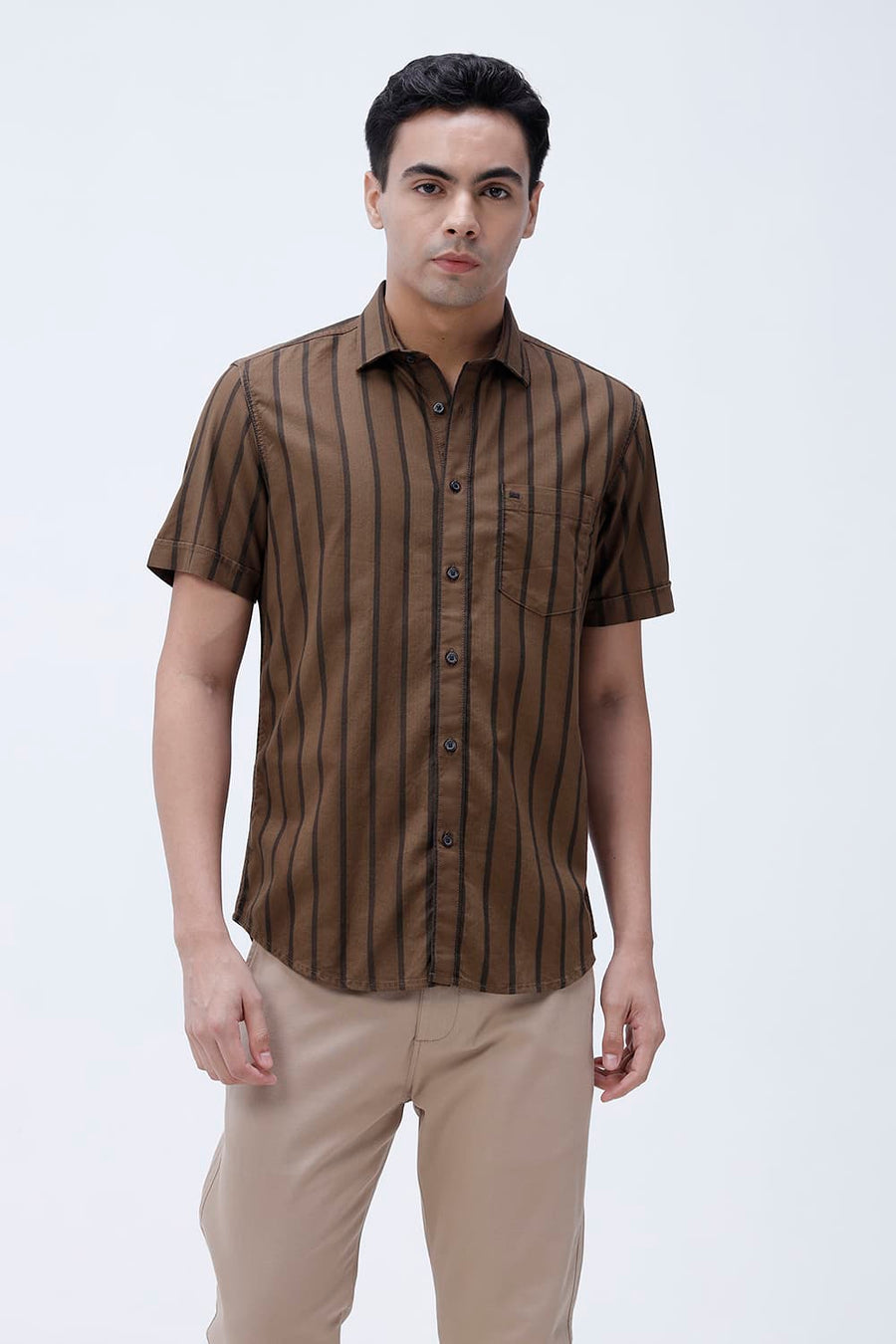 BASICS SLIM FIT EARTH BROWN COTTON HERRING BONE STRIPE HALFSLEEVES SHIRT