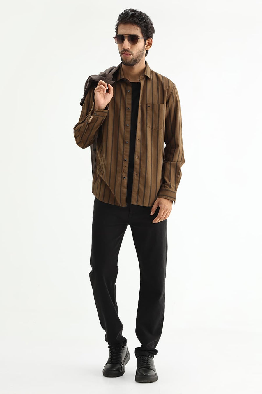 BASICS SLIM FIT EARTH BROWN COTTON HERRING BONE STRIPE SHIRT