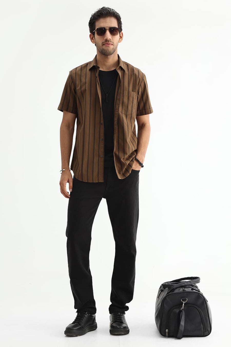 BASICS SLIM FIT EARTH BROWN COTTON HERRING BONE STRIPE HALFSLEEVES SHIRT