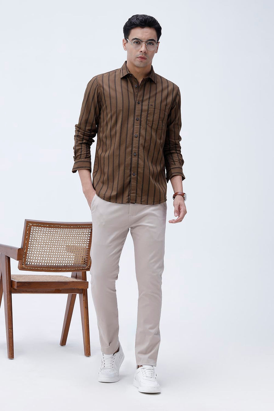 BASICS SLIM FIT EARTH BROWN COTTON HERRING BONE STRIPE SHIRT