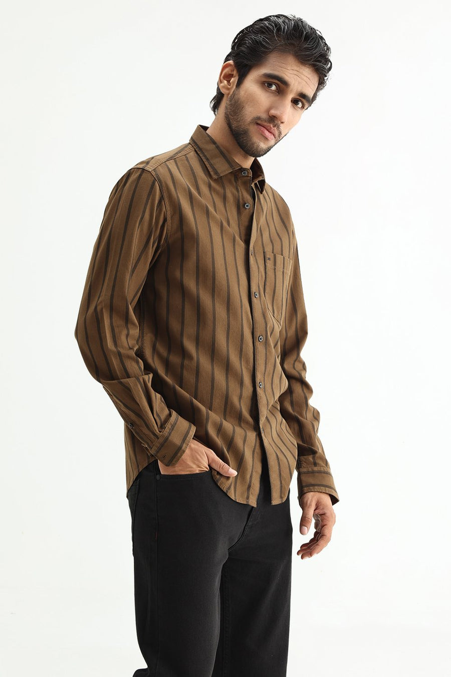 BASICS SLIM FIT EARTH BROWN COTTON HERRING BONE STRIPE SHIRT