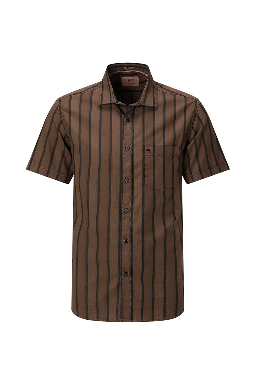 BASICS SLIM FIT EARTH BROWN COTTON HERRING BONE STRIPE HALFSLEEVES SHIRT