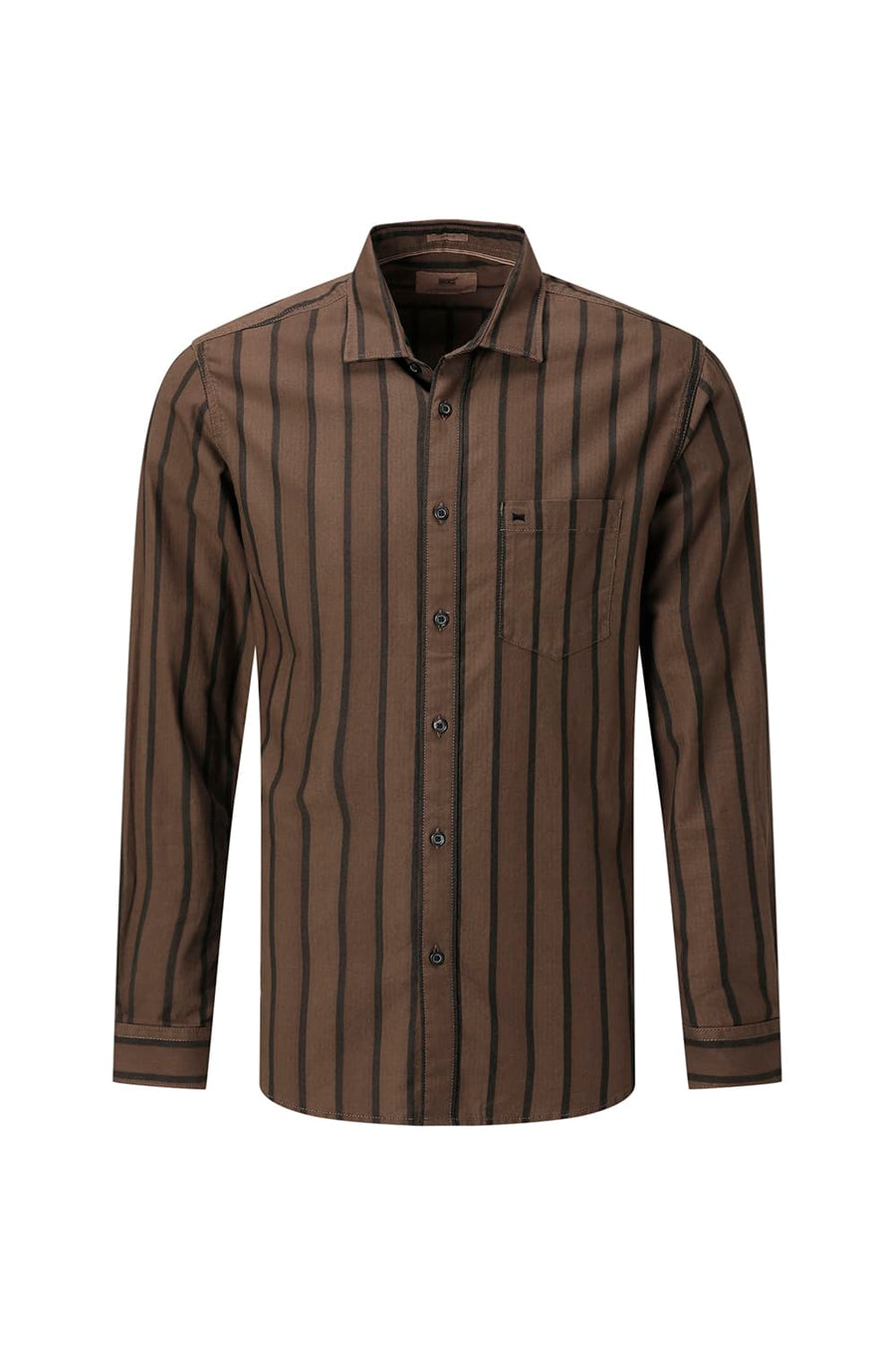 BASICS SLIM FIT EARTH BROWN COTTON HERRING BONE STRIPE SHIRT