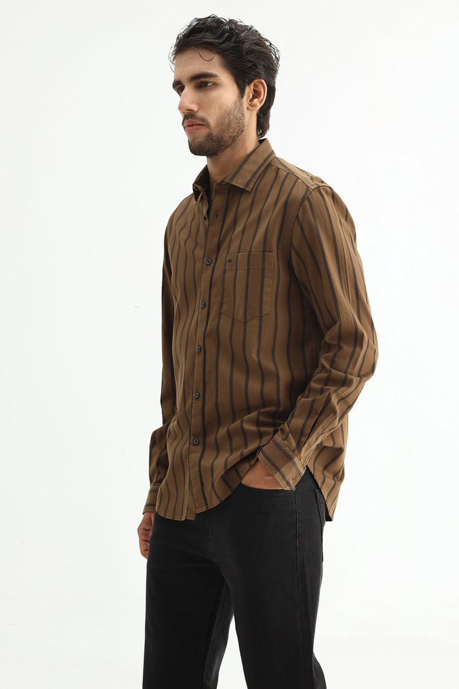 BASICS SLIM FIT EARTH BROWN COTTON HERRING BONE STRIPE SHIRT