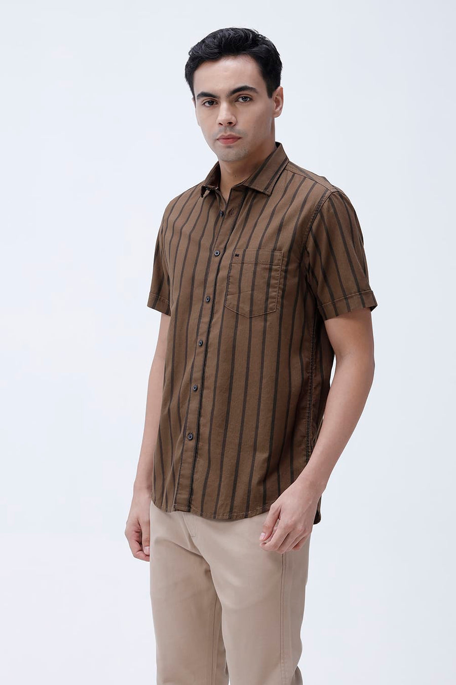 BASICS SLIM FIT EARTH BROWN COTTON HERRING BONE STRIPE HALFSLEEVES SHIRT
