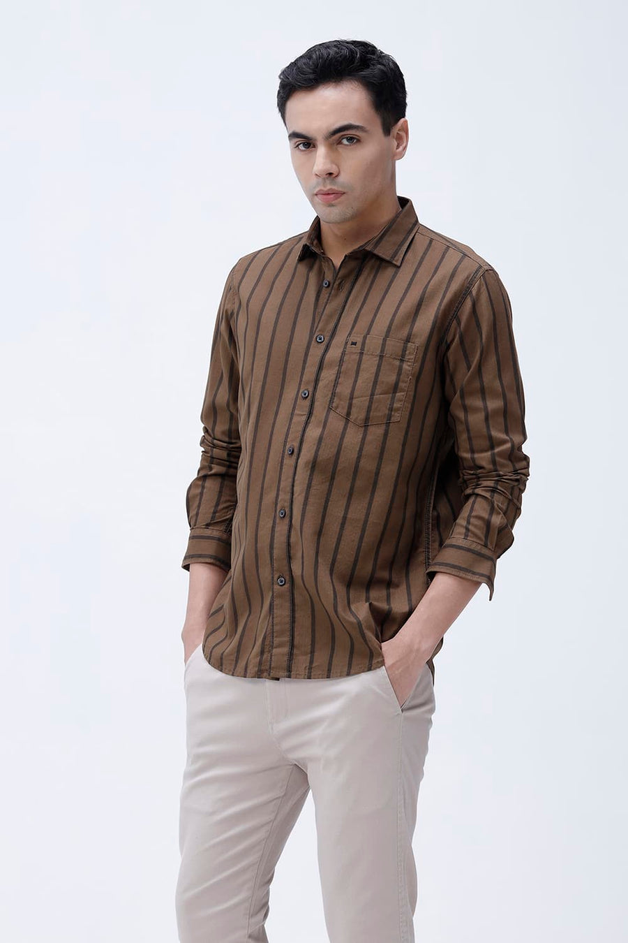 BASICS SLIM FIT EARTH BROWN COTTON HERRING BONE STRIPE SHIRT