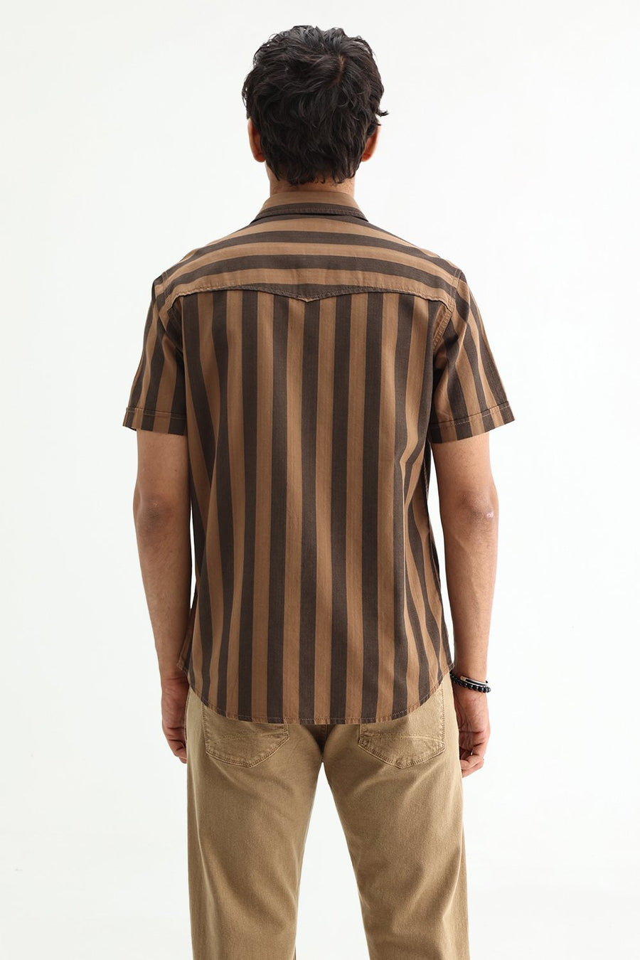 BASICS SLIM FIT BROWN OUT COTTON HERRING BONE STRIPE SHIRT