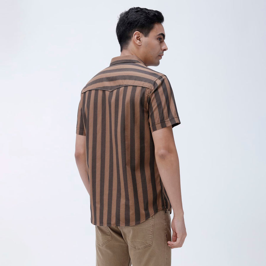 BASICS SLIM FIT BROWN OUT COTTON HERRING BONE STRIPE HALFSLEEVES SHIRT