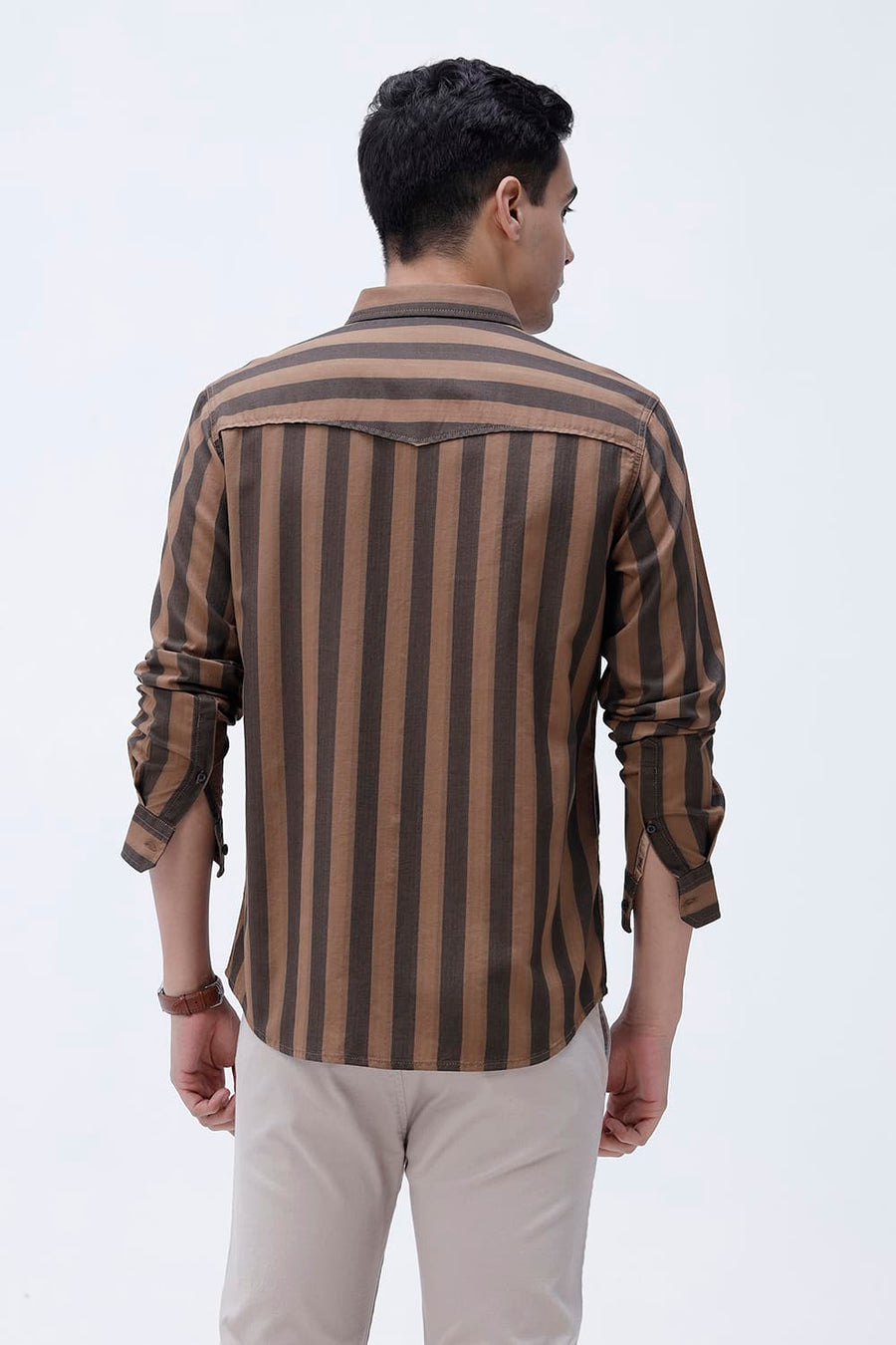 BASICS SLIM FIT BROWN OUT COTTON HERRING BONE STRIPE SHIRT