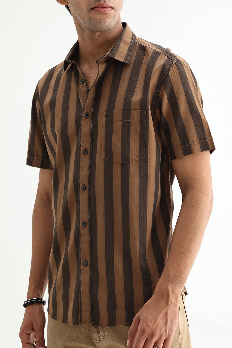 BASICS SLIM FIT BROWN OUT COTTON HERRING BONE STRIPE SHIRT