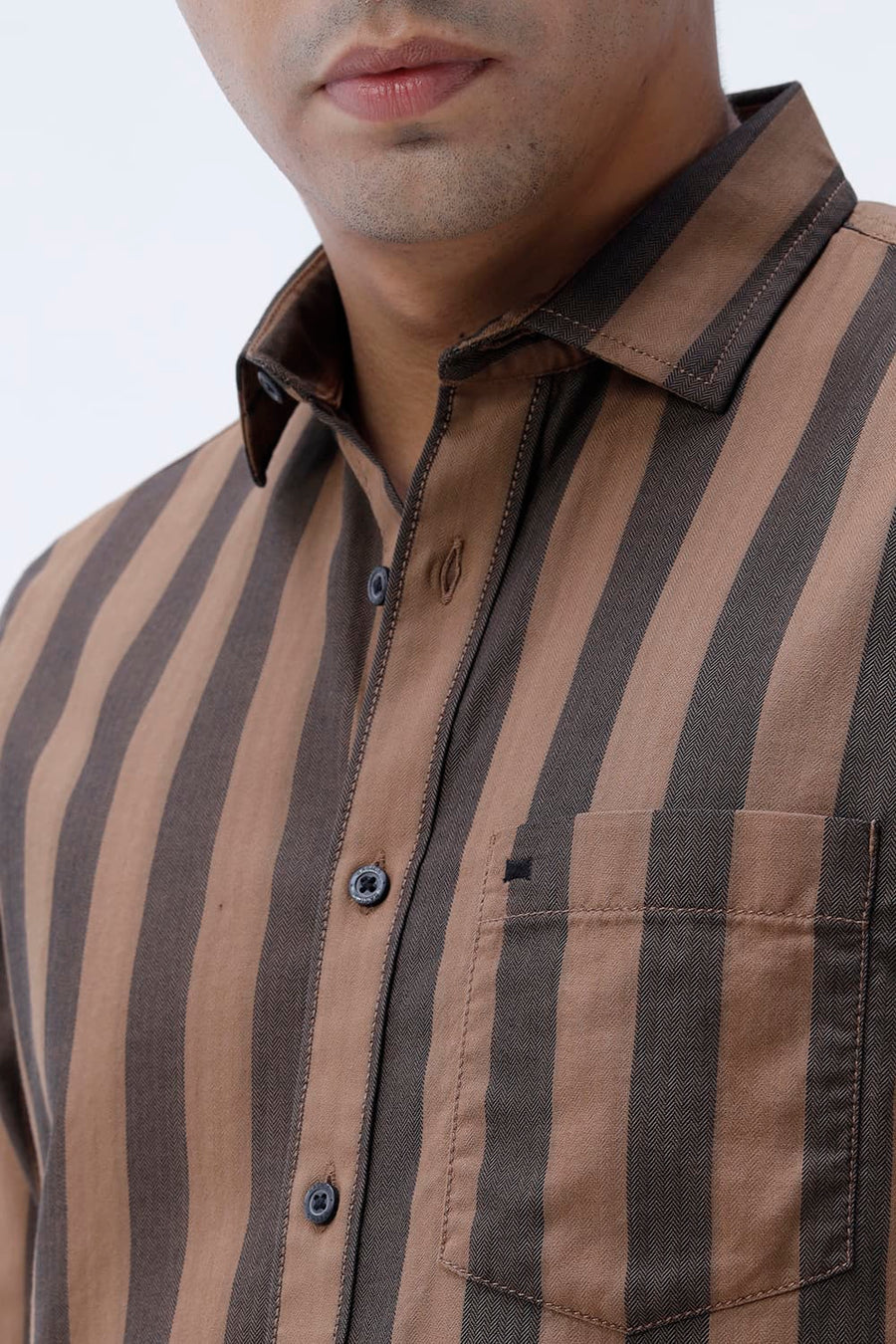 BASICS SLIM FIT BROWN OUT COTTON HERRING BONE STRIPE SHIRT