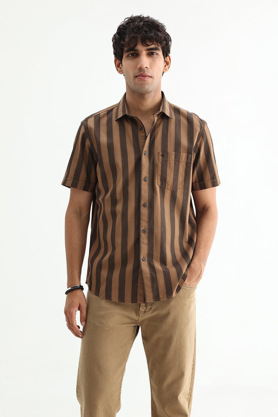 BASICS SLIM FIT BROWN OUT COTTON HERRING BONE STRIPE SHIRT