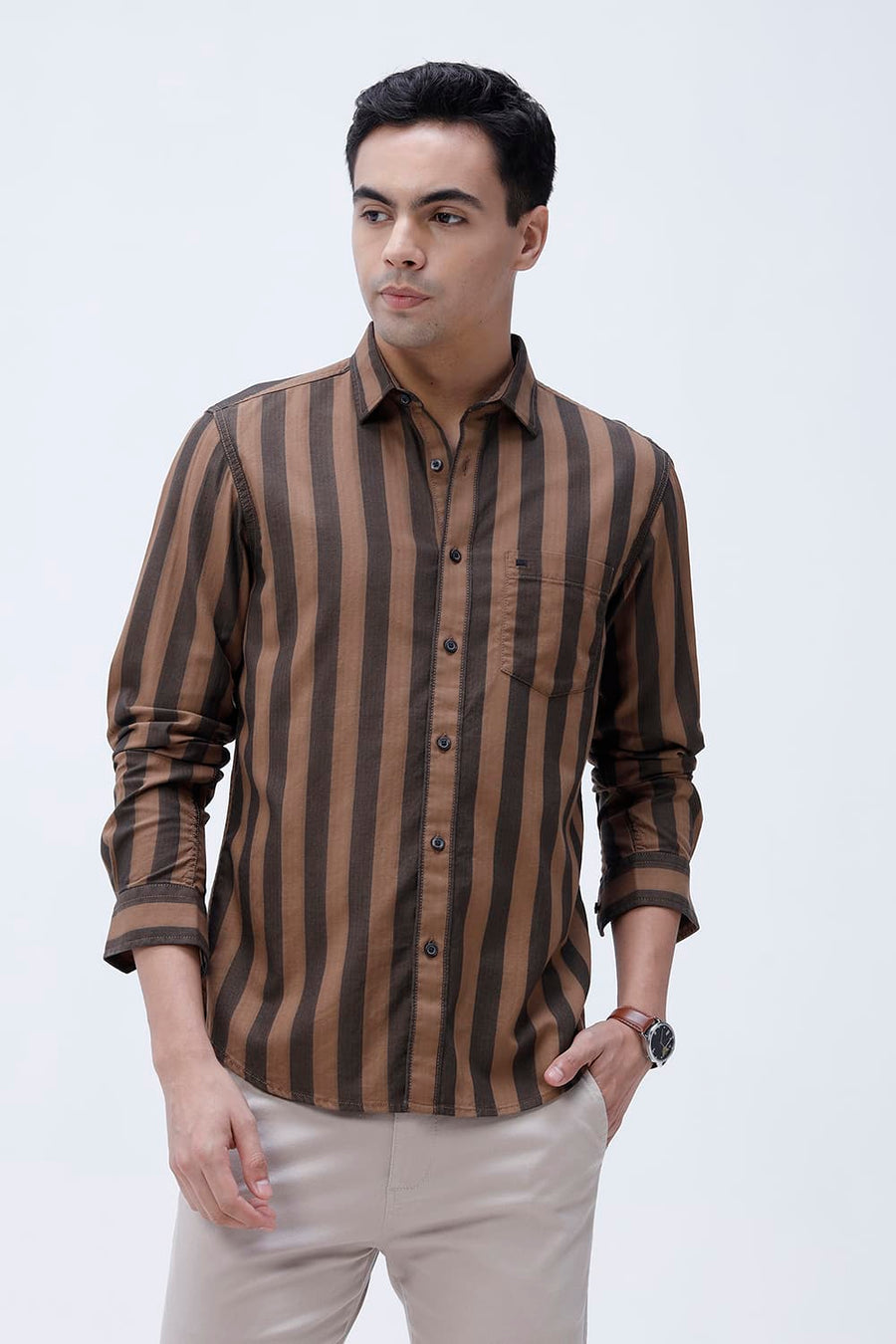 BASICS SLIM FIT BROWN OUT COTTON HERRING BONE STRIPE SHIRT