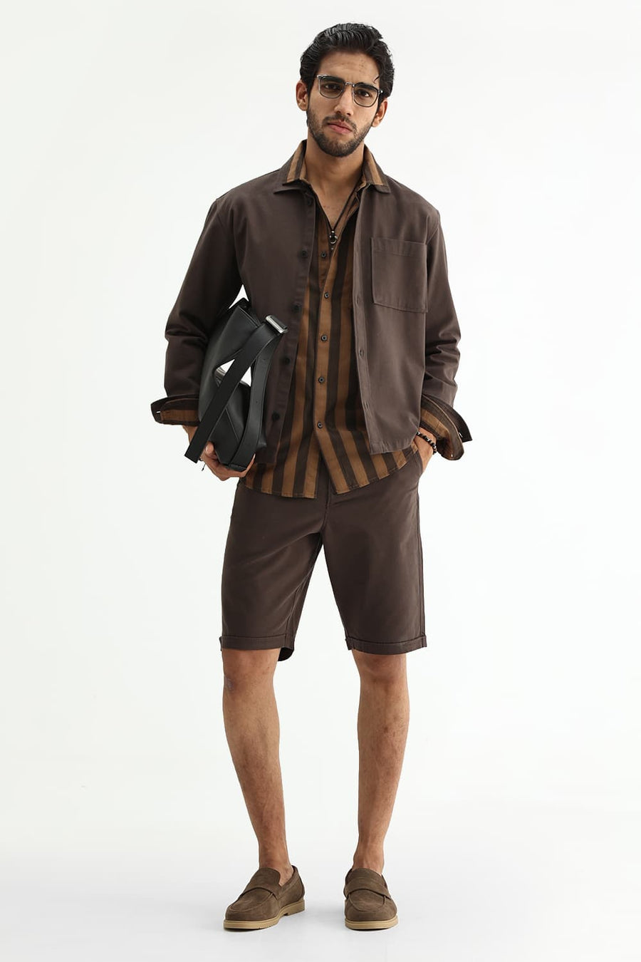 BASICS SLIM FIT BROWN OUT COTTON HERRING BONE STRIPE SHIRT