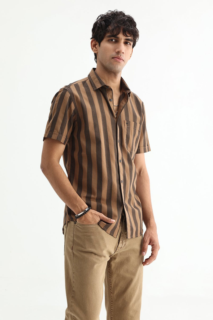 BASICS SLIM FIT BROWN OUT COTTON HERRING BONE STRIPE SHIRT