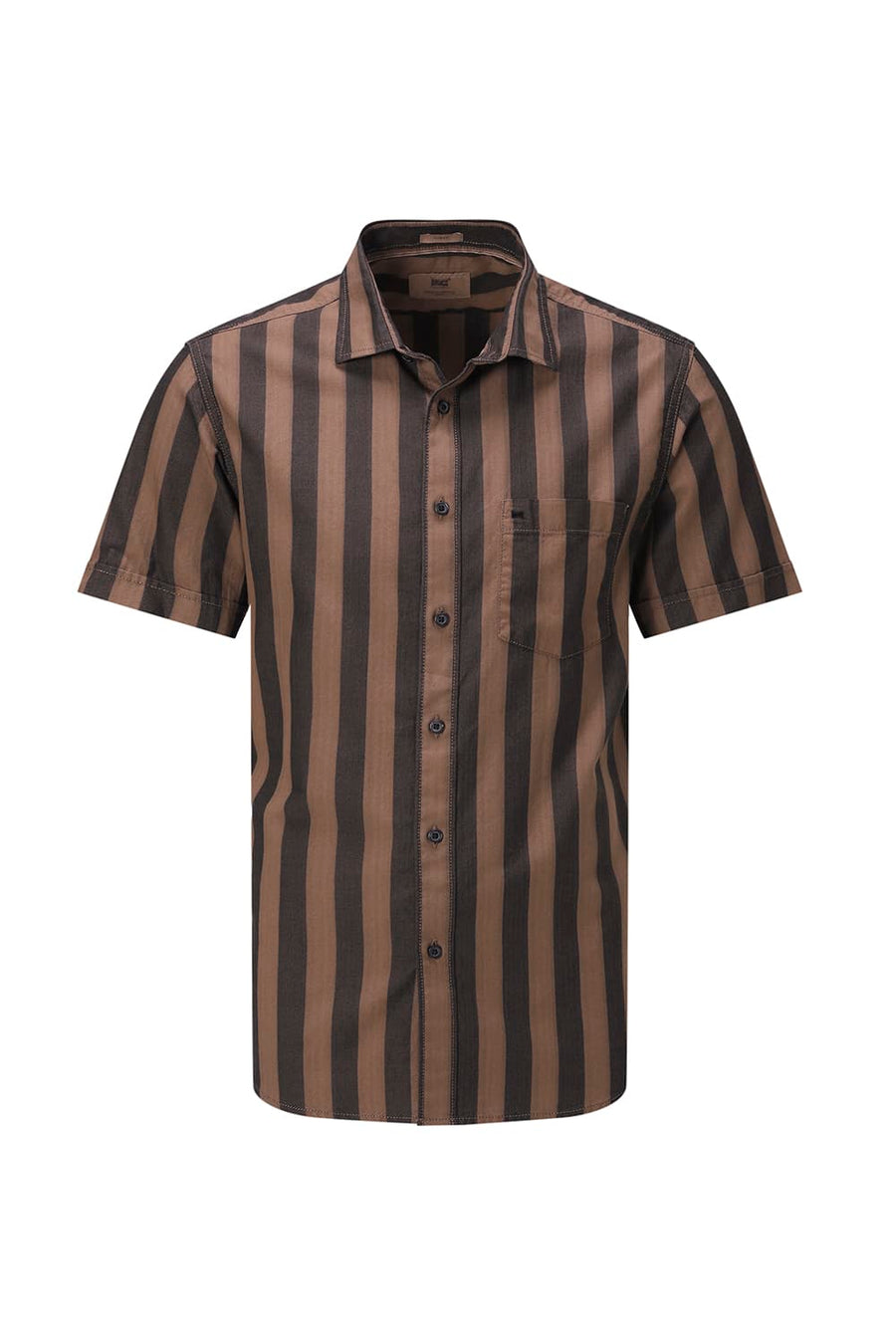 BASICS SLIM FIT BROWN OUT COTTON HERRING BONE STRIPE HALFSLEEVES SHIRT