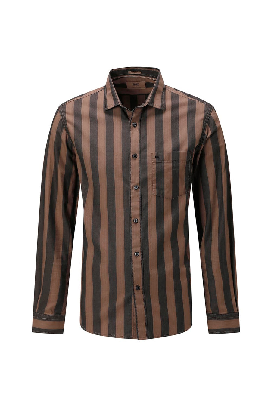 BASICS SLIM FIT BROWN OUT COTTON HERRING BONE STRIPE SHIRT
