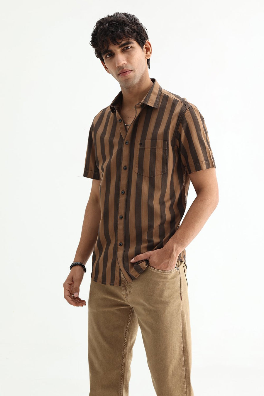 BASICS SLIM FIT BROWN OUT COTTON HERRING BONE STRIPE SHIRT