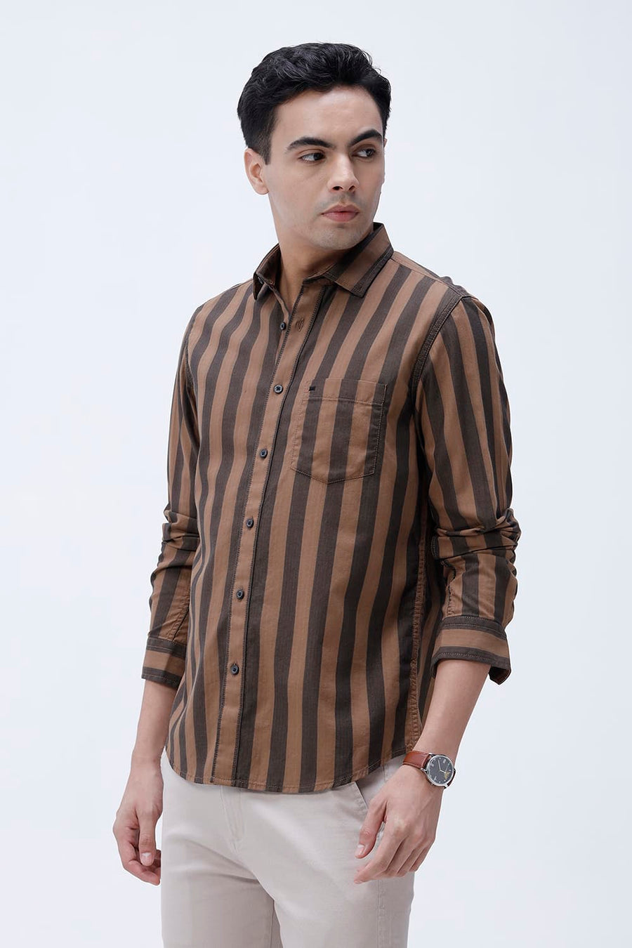 BASICS SLIM FIT BROWN OUT COTTON HERRING BONE STRIPE SHIRT