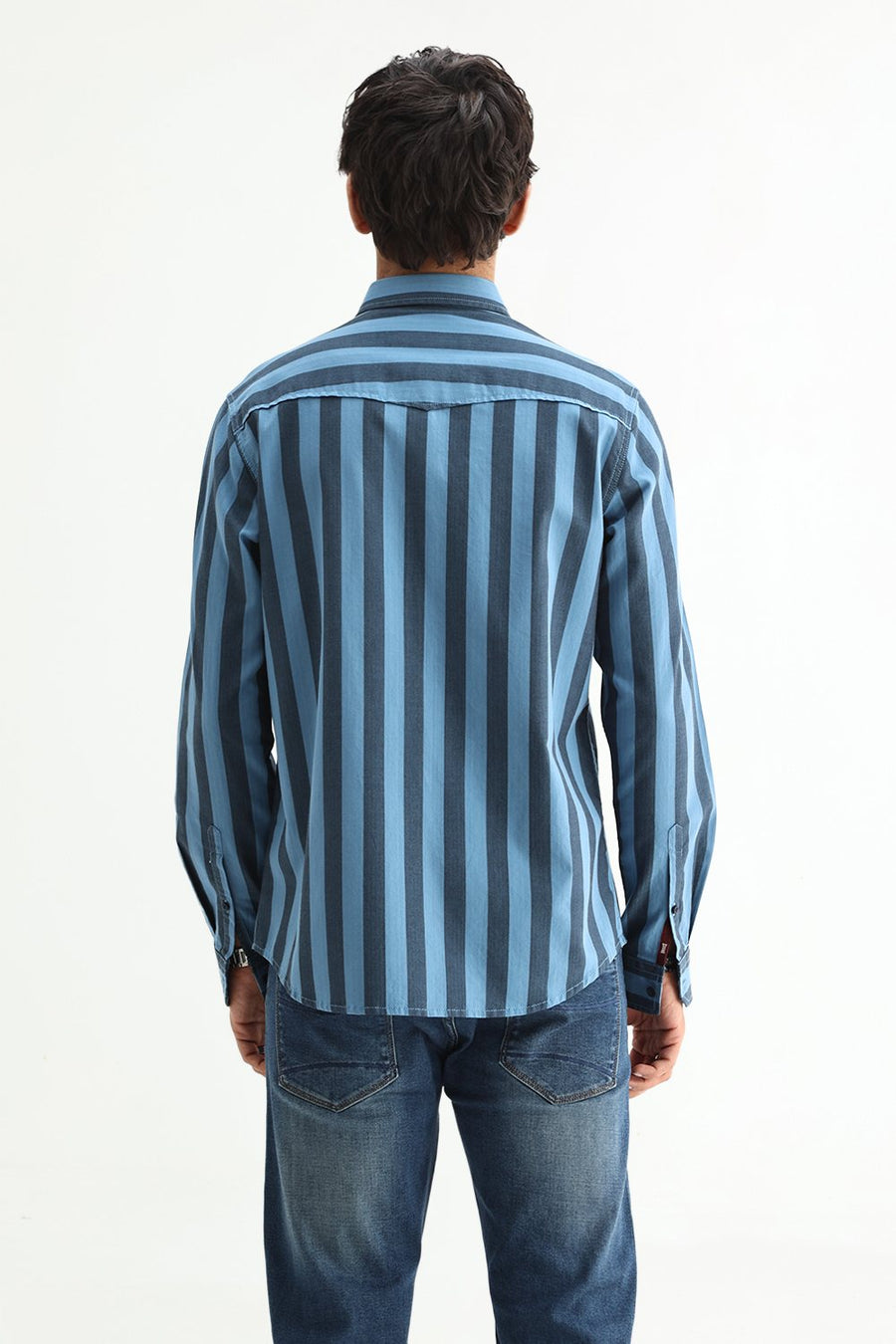 BASICS SLIM FIT BLUE SEA COTTON HERRING BONE STRIPE SHIRT