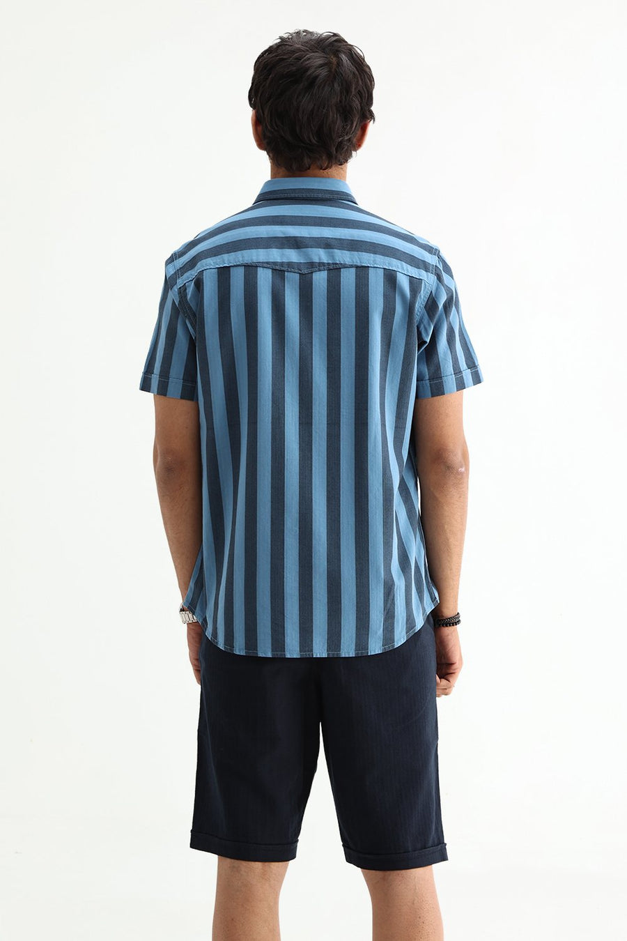 BASICS SLIM FIT BLUE SEA COTTON HERRING BONE STRIPE HALFSLEEVES SHIRT