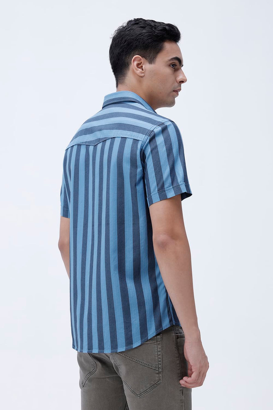 BASICS SLIM FIT BLUE SEA COTTON HERRING BONE STRIPE HALFSLEEVES SHIRT