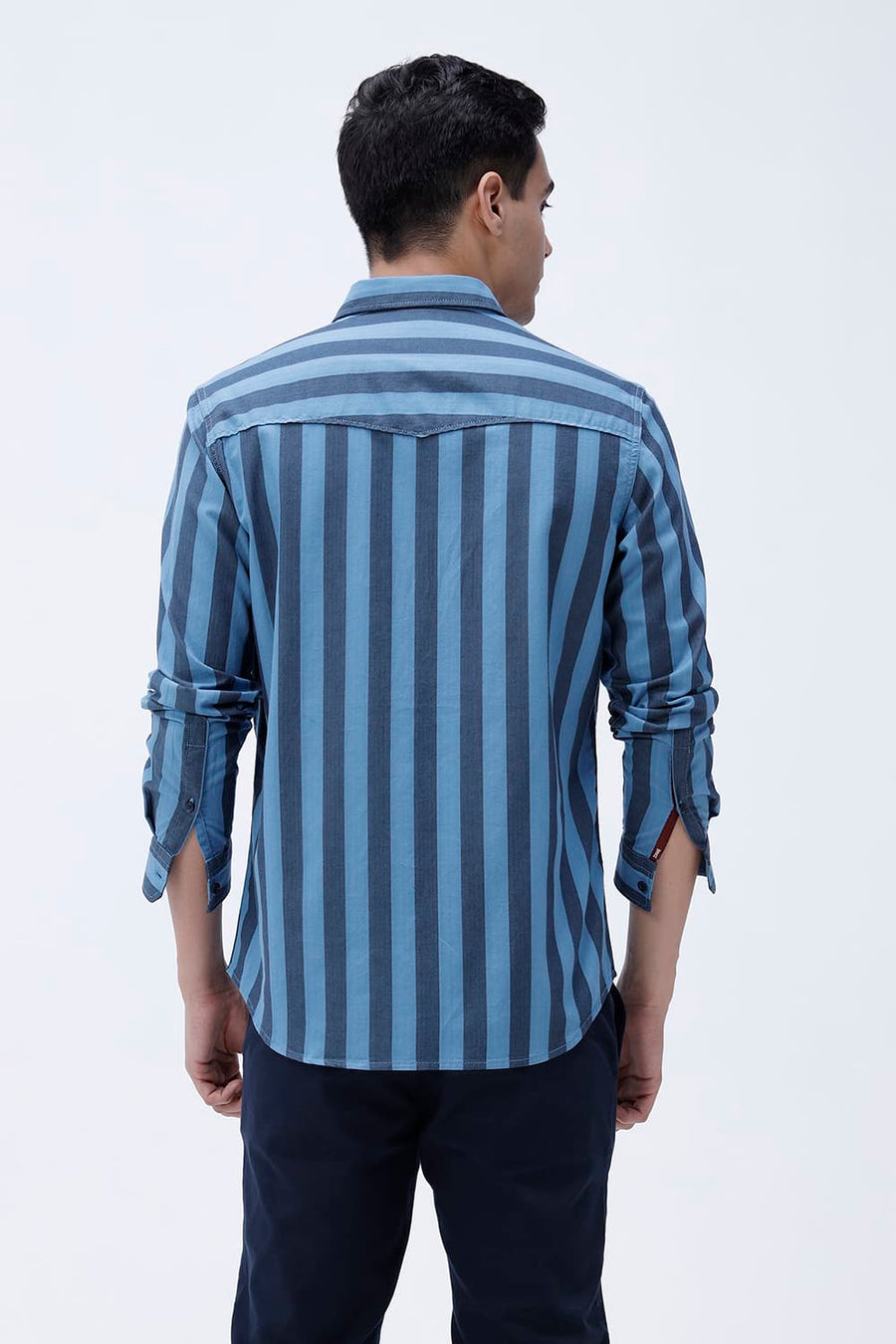 BASICS SLIM FIT BLUE SEA COTTON HERRING BONE STRIPE SHIRT