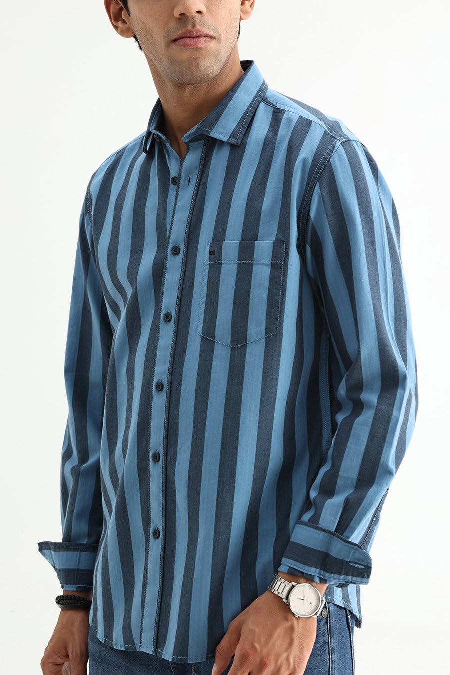 BASICS SLIM FIT BLUE SEA COTTON HERRING BONE STRIPE SHIRT