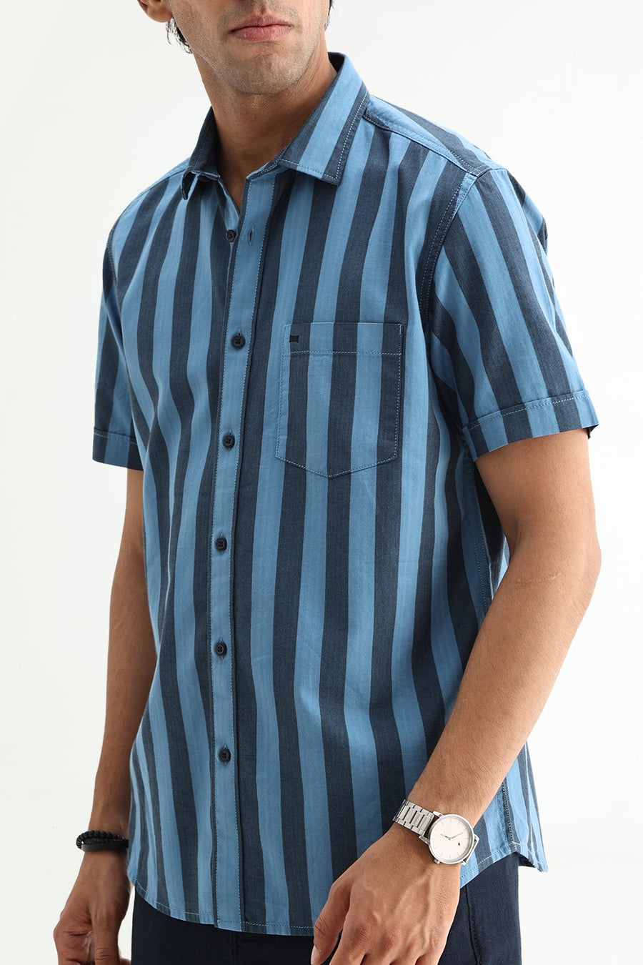 BASICS SLIM FIT BLUE SEA COTTON HERRING BONE STRIPE HALFSLEEVES SHIRT