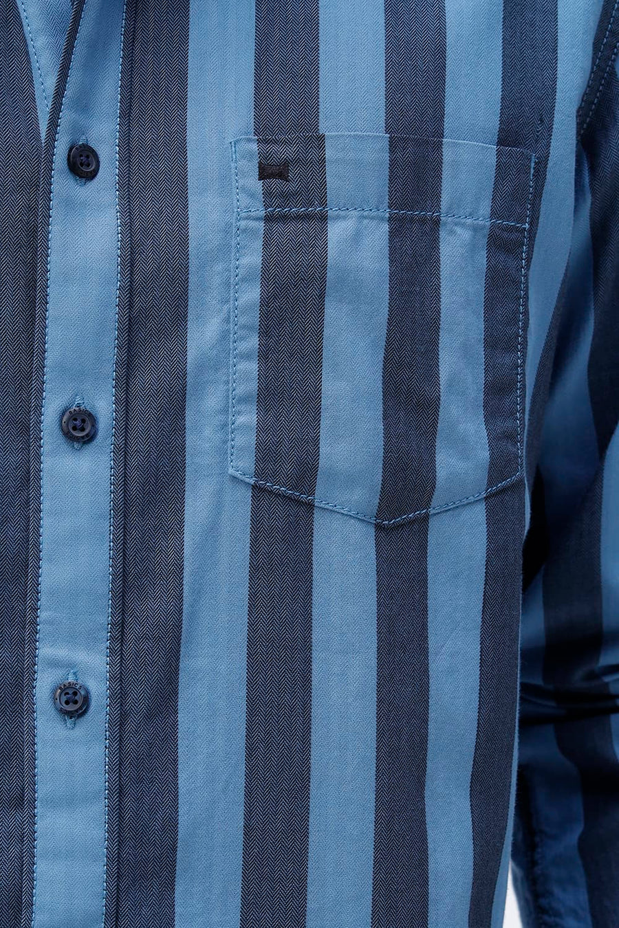 BASICS SLIM FIT BLUE SEA COTTON HERRING BONE STRIPE SHIRT