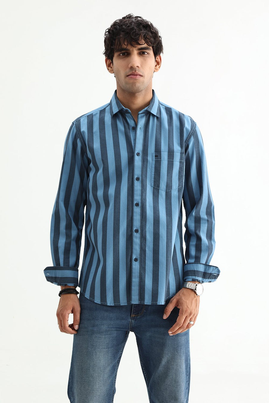 BASICS SLIM FIT BLUE SEA COTTON HERRING BONE STRIPE SHIRT