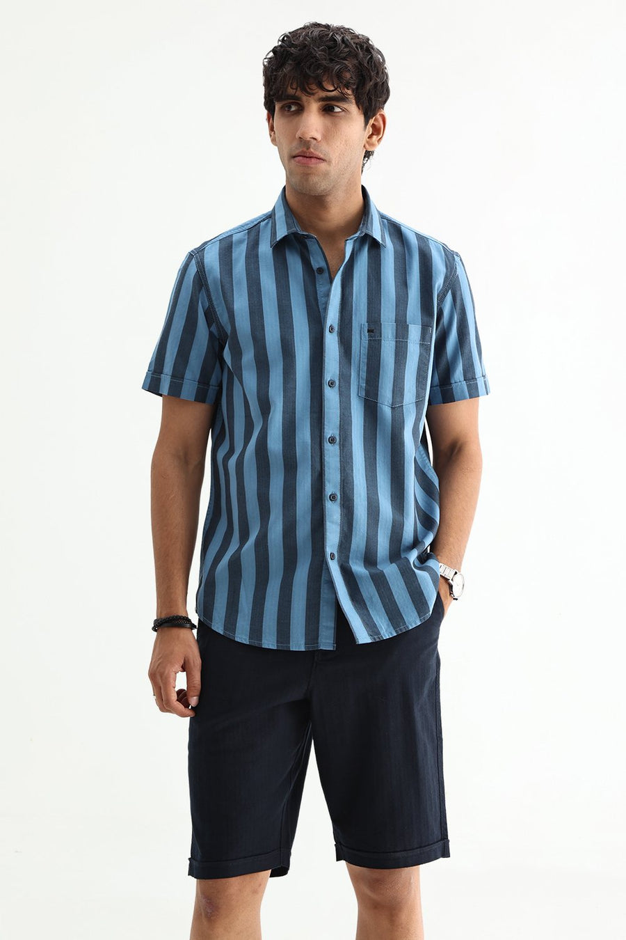 BASICS SLIM FIT BLUE SEA COTTON HERRING BONE STRIPE HALFSLEEVES SHIRT