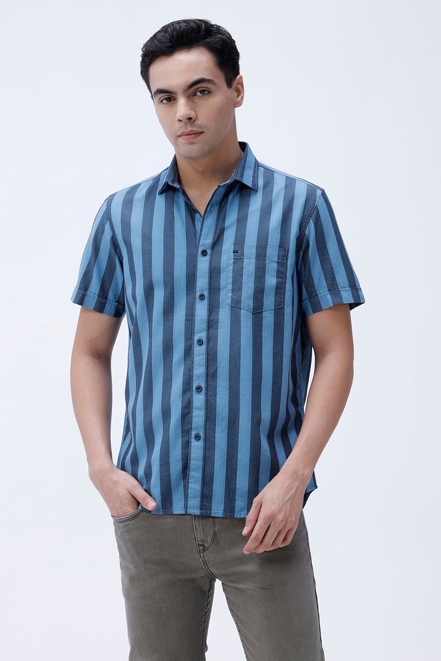 BASICS SLIM FIT BLUE SEA COTTON HERRING BONE STRIPE HALFSLEEVES SHIRT
