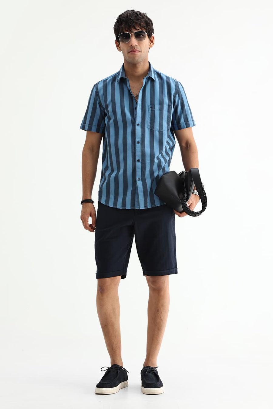 BASICS SLIM FIT BLUE SEA COTTON HERRING BONE STRIPE HALFSLEEVES SHIRT
