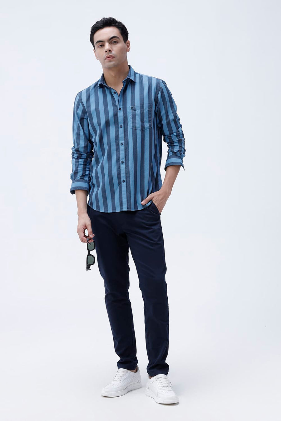 BASICS SLIM FIT BLUE SEA COTTON HERRING BONE STRIPE SHIRT