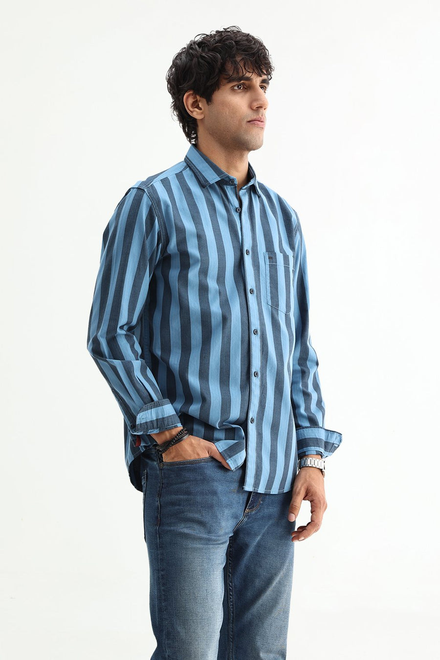 BASICS SLIM FIT BLUE SEA COTTON HERRING BONE STRIPE SHIRT