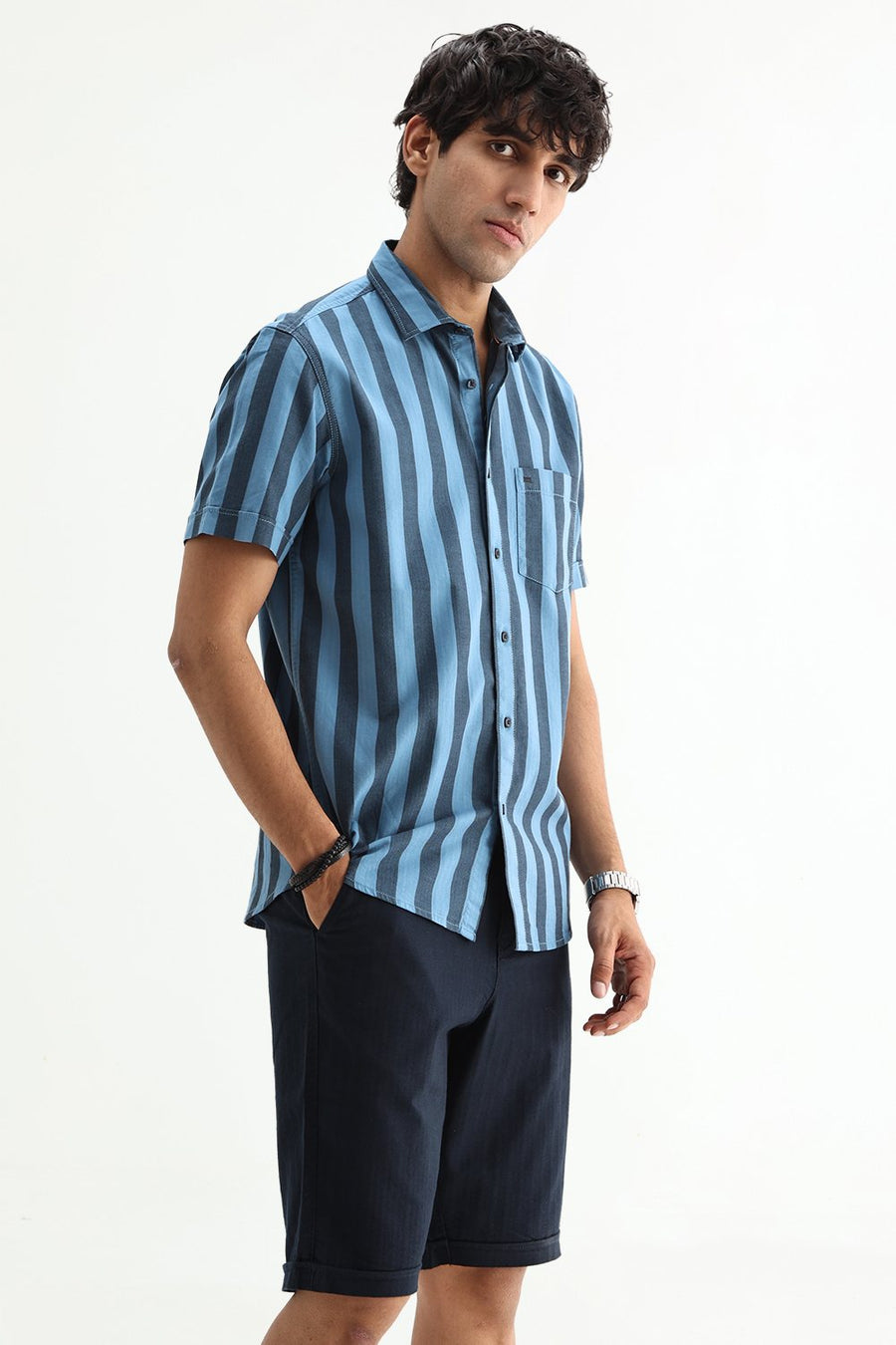 BASICS SLIM FIT BLUE SEA COTTON HERRING BONE STRIPE HALFSLEEVES SHIRT