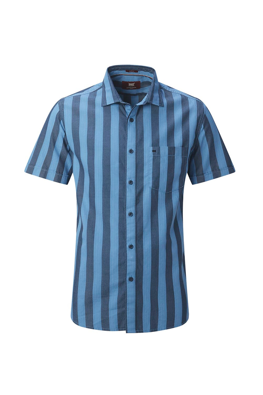 BASICS SLIM FIT BLUE SEA COTTON HERRING BONE STRIPE HALFSLEEVES SHIRT