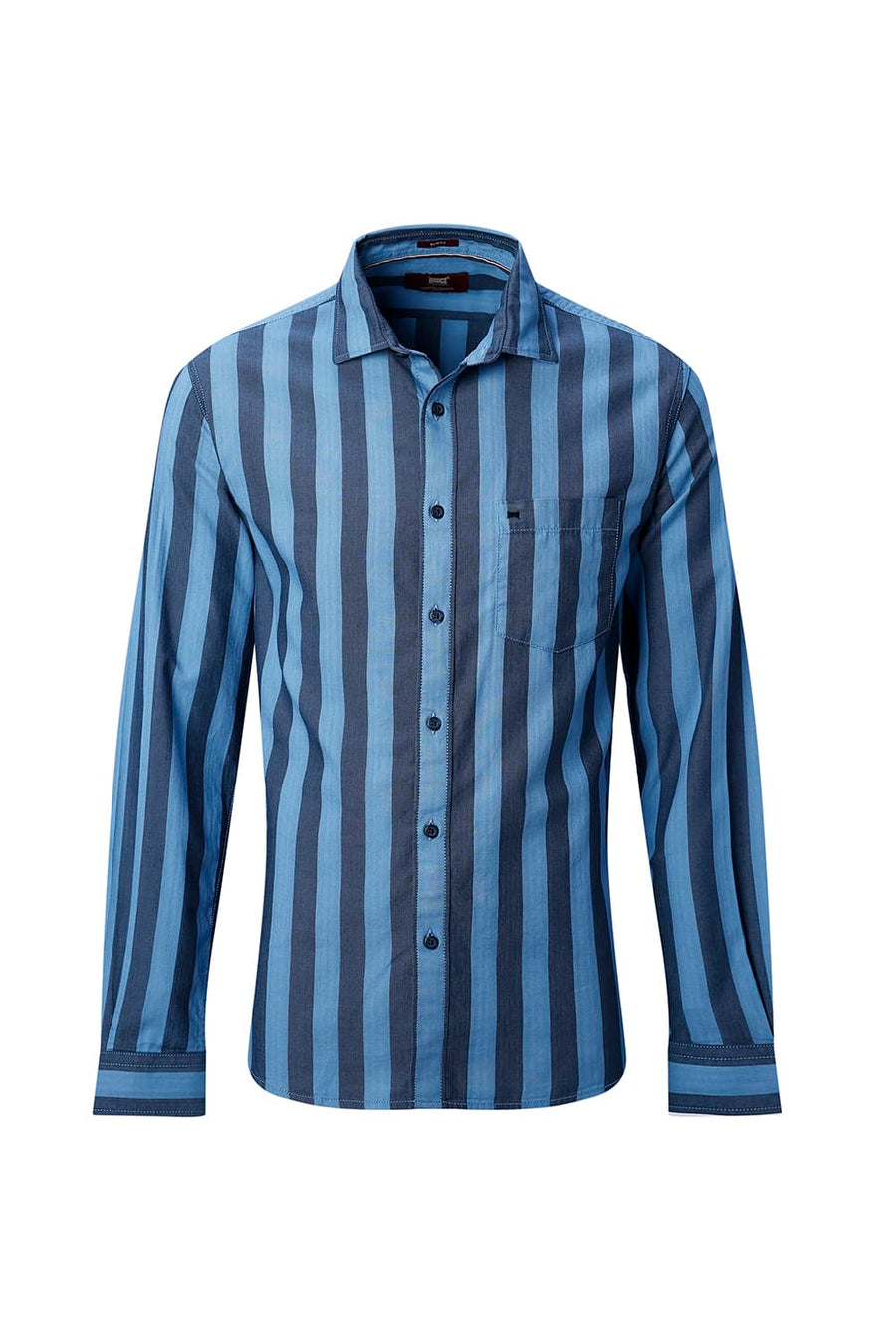 BASICS SLIM FIT BLUE SEA COTTON HERRING BONE STRIPE SHIRT