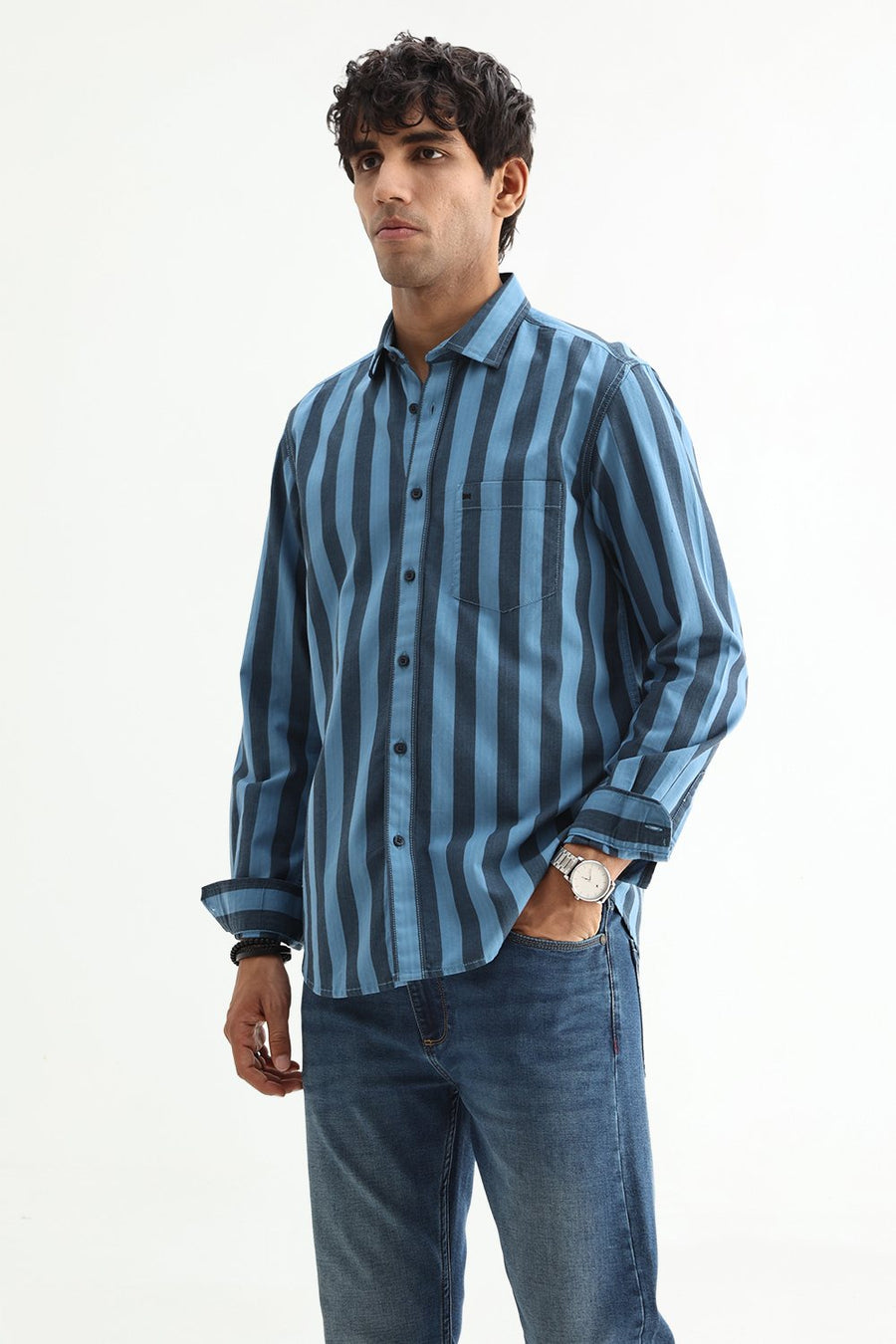 BASICS SLIM FIT BLUE SEA COTTON HERRING BONE STRIPE SHIRT