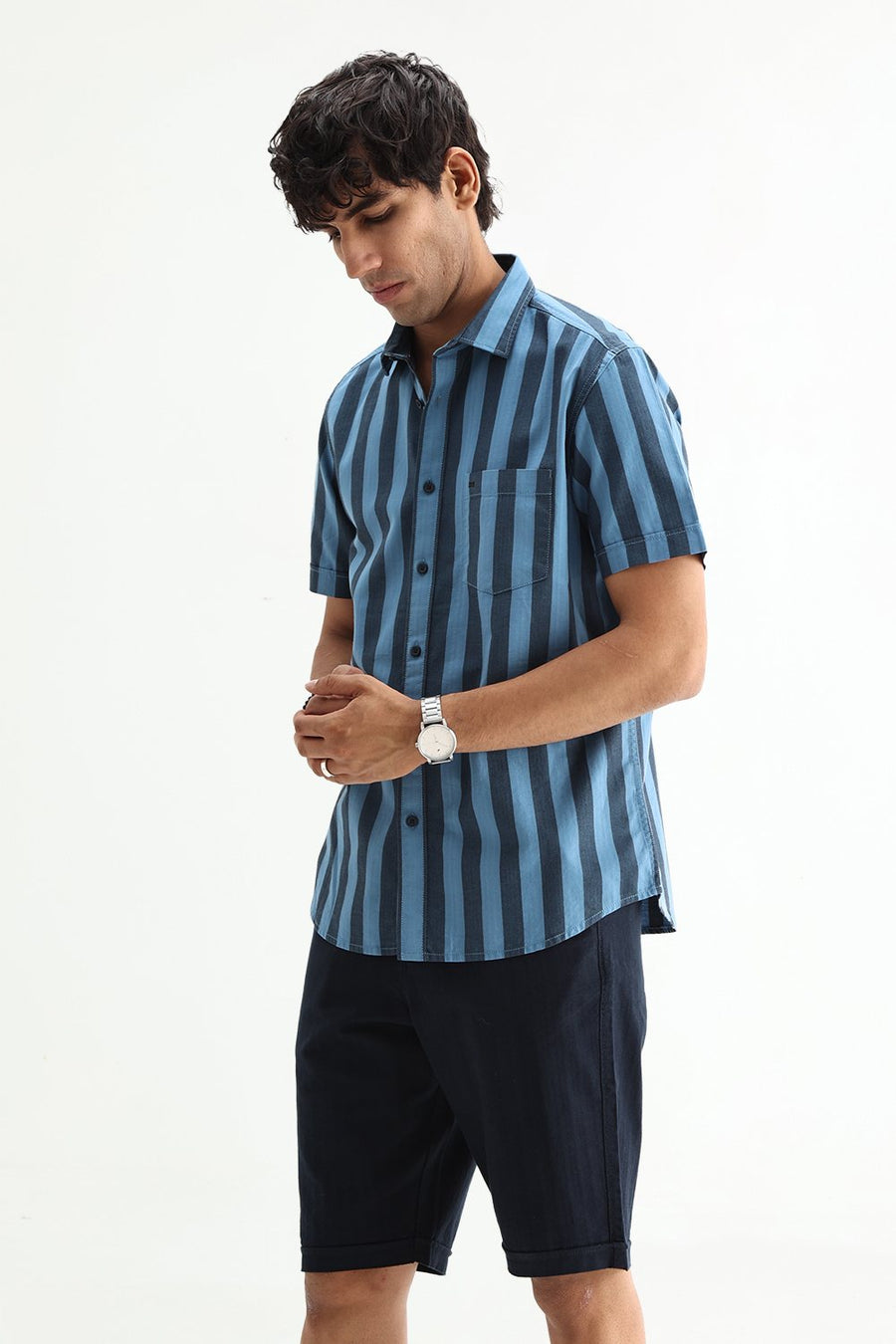 BASICS SLIM FIT BLUE SEA COTTON HERRING BONE STRIPE HALFSLEEVES SHIRT